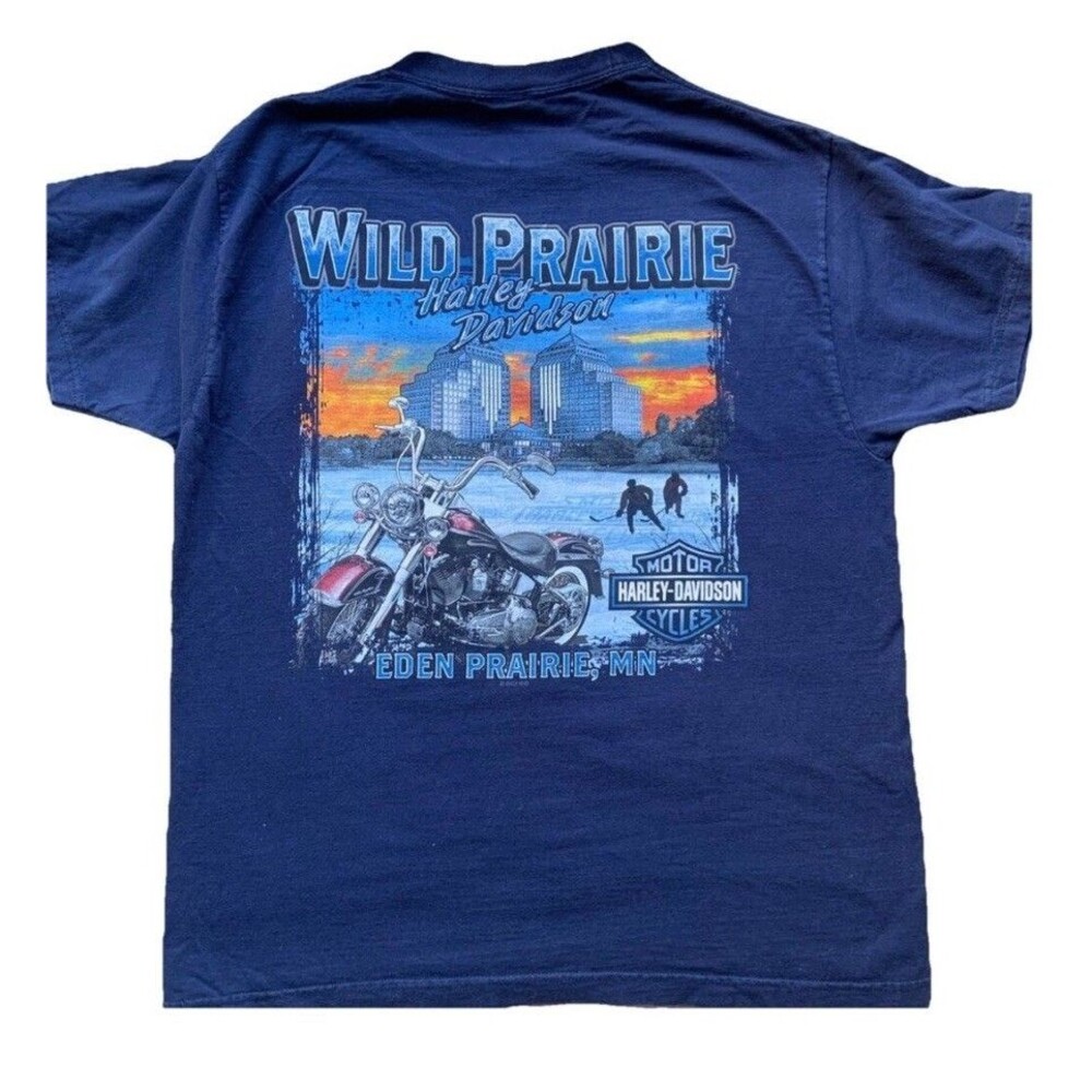 Harley Davidson Shirt Mens L Blue Wild Prairie Rare Hockey MN Graphic T-Shirt